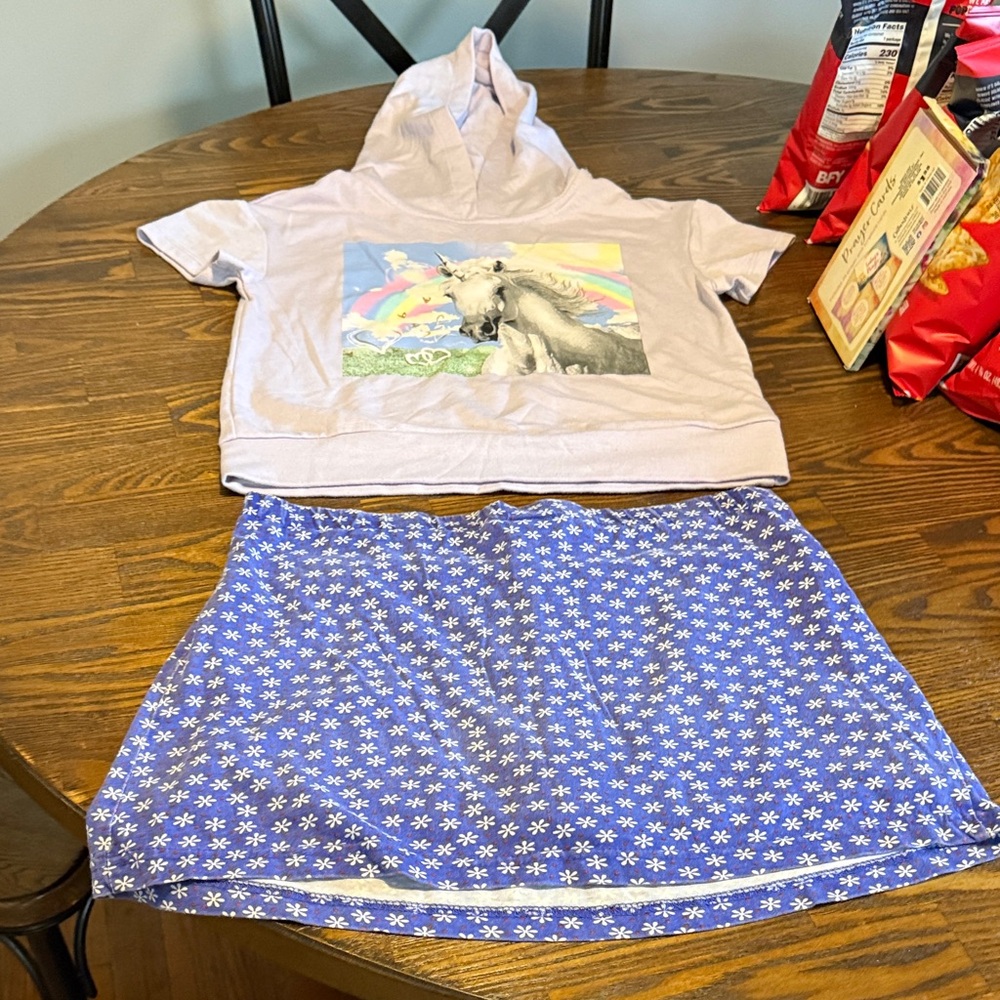 Old Glory Lavender Hoodie Top with Blue Floral Skirt Kids Matching Set